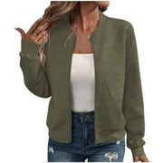 Womens Cropped Bomber Jacket Lightweight Zip Up Jacket No Hood Women Long Sleeve Stand Collar Coat with Pockets (Army Green L)